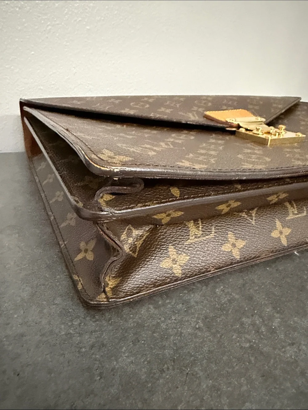 Louis Vuitton Monogram Canvas Briefcase with Tan Trim and Gold Hardware